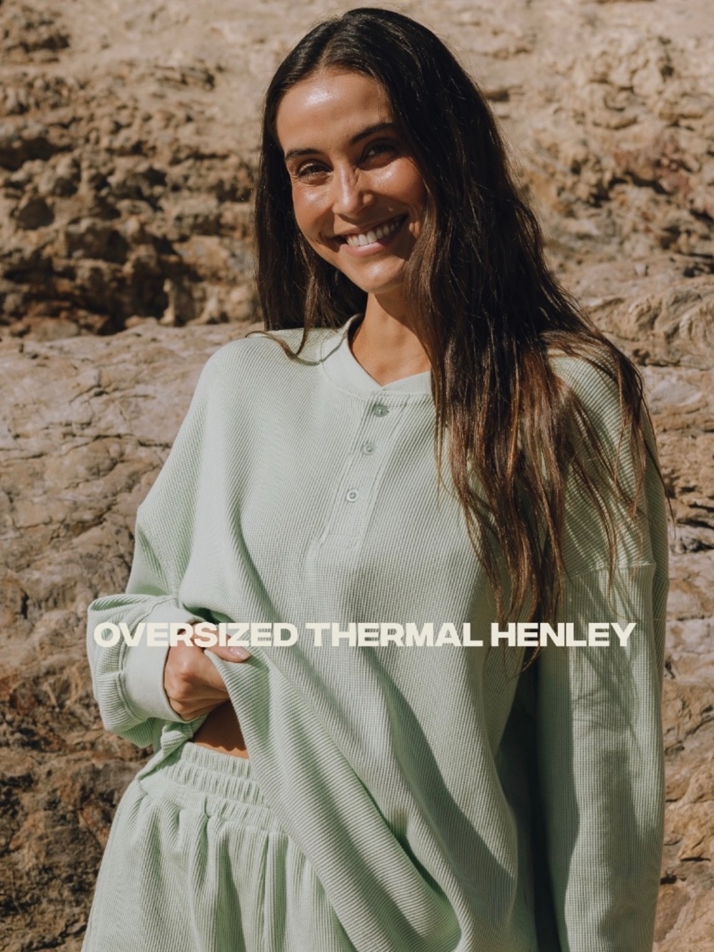 Daily Drills Women's 'Oversized Thermal Henley' Waffle Top in 'Mint'